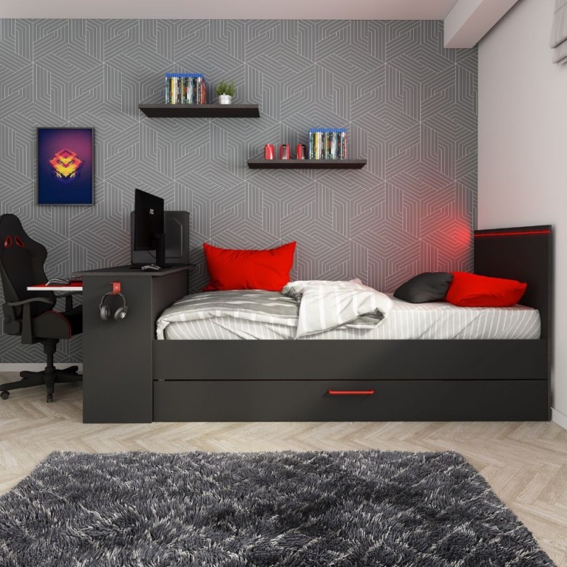Cameretta con letto singolo estraibile e scrivania incorporata - Colore  antracite e rosso reversibile