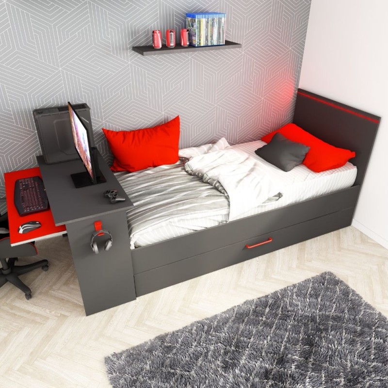 Cameretta con letto singolo estraibile e scrivania incorporata - Colore  antracite e rosso reversibile
