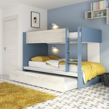 Cameretta con letto a castello con letto estraibile colore bianco consumato e azzurro reversibile