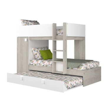 Cameretta con letto a castello e letto estraibile con armadio integrato colore bianco consumato e bianco reversibile