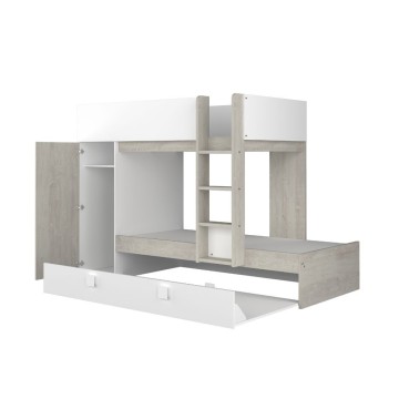 Cameretta con letto a castello e letto estraibile con armadio integrato colore bianco consumato e bianco reversibile