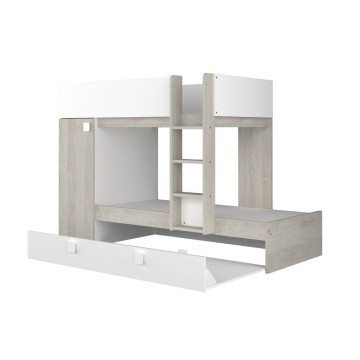 Cameretta con letto a castello e letto estraibile con armadio integrato colore bianco consumato e bianco reversibile