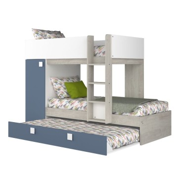 Cameretta con letto a castello e letto estraibile con armadio integrato colore bianco consumato e azzurro