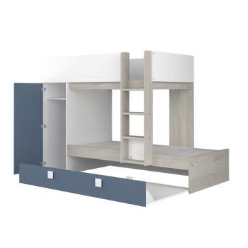 Cameretta con letto a castello e letto estraibile con armadio integrato colore bianco consumato e azzurro