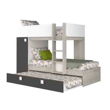 Cameretta con letto a castello e letto estraibile con armadio integrato colore bianco consumato e antracite