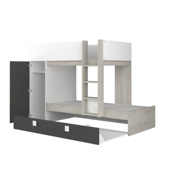 Cameretta con letto a castello e letto estraibile con armadio integrato colore bianco consumato e antracite