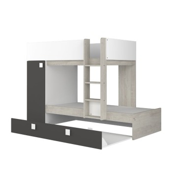 Cameretta con letto a castello e letto estraibile con armadio integrato colore bianco consumato e antracite