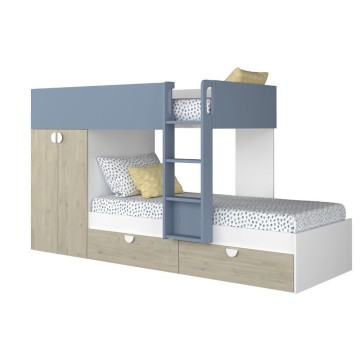 Cameretta con letto a castello con cassettoni e armadio colore rovere e azzurro