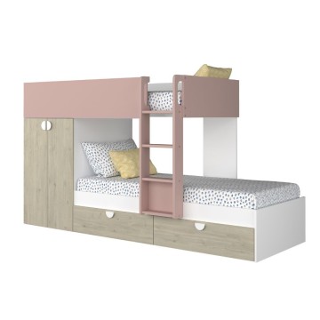 Cameretta con letto a castello con cassettoni e armadio colore rovere e rosa antico