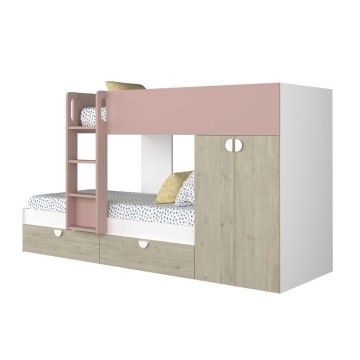 Cameretta con letto a castello con cassettoni e armadio colore rovere e rosa antico