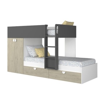 Cameretta con letto a castello con cassettoni e armadio colore rovere e antracite