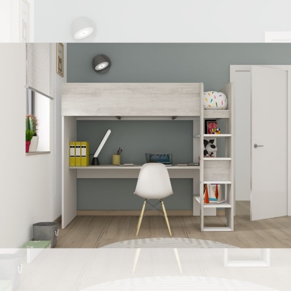 Cameretta 2278 con letto a soppalco con scrivania sottostante colore bianco e bianco consumato Cameretta 2278 con letto a soppalco con scrivania sottostante colore bianco e bianco consumato
