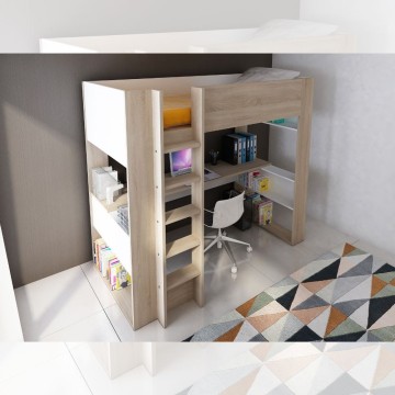 Cameretta 1652 con letto a soppalco e scrivania sottostante colore bianco e rovere