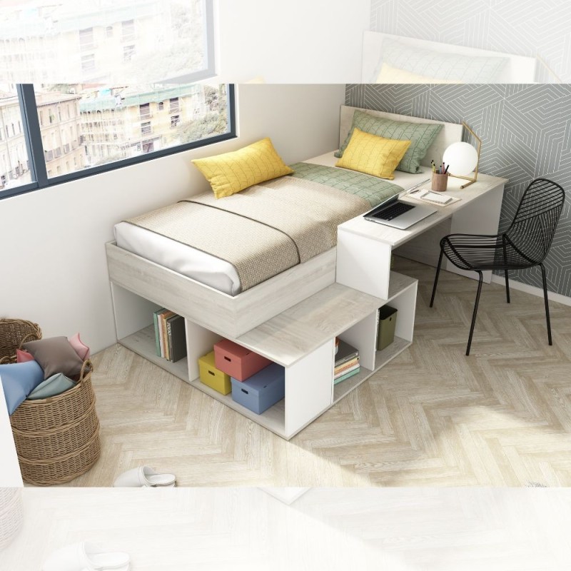Cameretta con letto singolo e scrivania - Colore bianco consumato