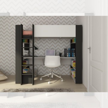 Cameretta con letto a soppalco e scrivania sottostante colore bianco e antracite