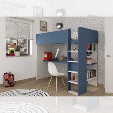 Cameretta con letto a soppalco con scrivania sottostante colore bianco e azzurro