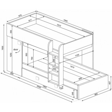 Cameretta con letto a castello e letto estraibile con armadio integrato colore bianco consumato e azzurro