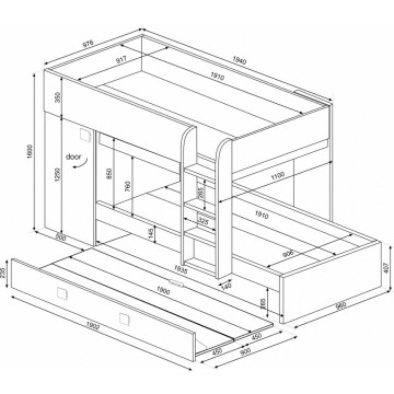 Cameretta con letto a castello e letto estraibile con armadio integrato colore bianco consumato e azzurro