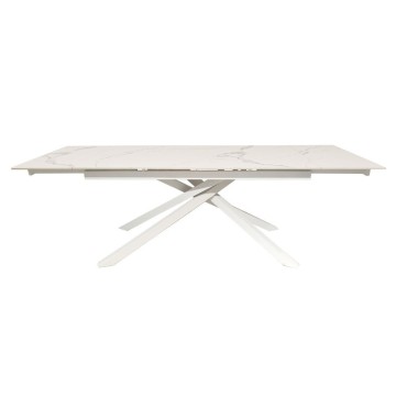 Tavolo allungabile Nefti con top in ceramica colore bianco statuario lucido con gambe bianche