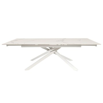 Tavolo allungabile Nefti con top in ceramica colore bianco statuario lucido con gambe bianche