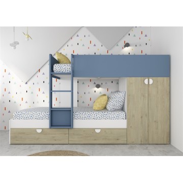 Letto a Castello Gilbo Rovere e Azzurro con Armadio