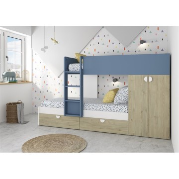Letto a Castello Gilbo Rovere e Azzurro con Armadio