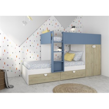 Letto a Castello Gilbo Rovere e Azzurro con Armadio