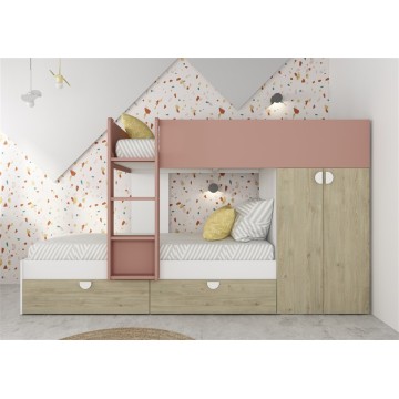 Letto a castello Gilbo per due bambini con armadio rovere e rosa