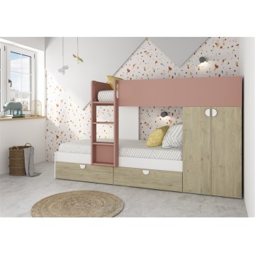 Letto a castello Gilbo per due bambini con armadio rovere e rosa