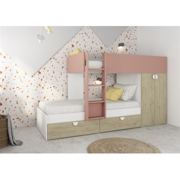 Letto a castello Gilbo per due bambini con armadio rovere e rosa