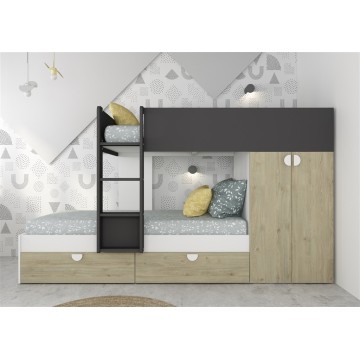 Letto a castello Gilbo con armadio e cassetti - rovere e antracite