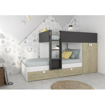 Letto a castello Gilbo con armadio e cassetti - rovere e antracite