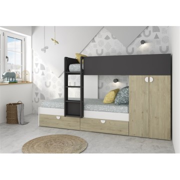 Letto a castello Gilbo con armadio e cassetti - rovere e antracite