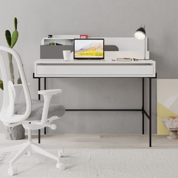 Scrivania bianco con dettagli antracite e gambe nere Leila 110x60x101