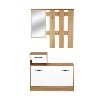 Mobile ingresso 100 cm con specchio e scarpiera colore rovere e bianco lucido - Rudolf