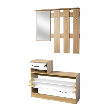 Mobile ingresso 100 cm con specchio e scarpiera colore rovere e bianco lucido - Rudolf