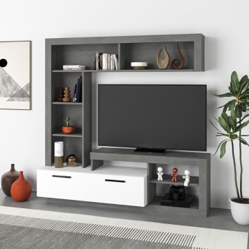 Parete attrezzata 171 cm in legno con anta e vani a giorno colore cemento e bianco - Leo