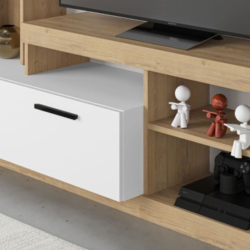 Parete attrezzata 171 cm in legno con anta e vani a giorno colore rovere e bianco - Leo
