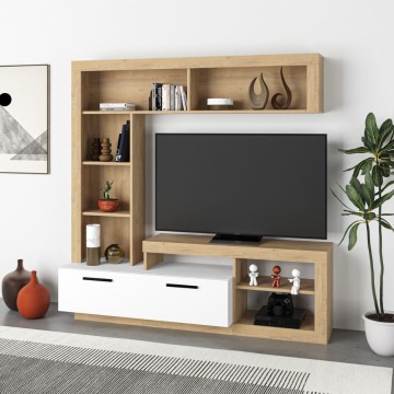 Parete attrezzata 171 cm in legno con anta e vani a giorno colore rovere e bianco - Leo