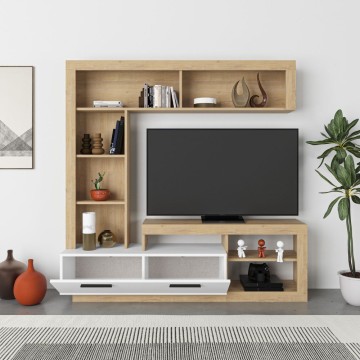 Parete attrezzata 171 cm in legno con anta e vani a giorno colore rovere e bianco - Leo