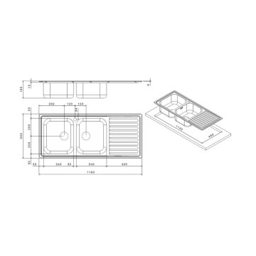 Lavello con doppia vasca e gocciolatoio destro 116x50 cm - Samet SAXT333A