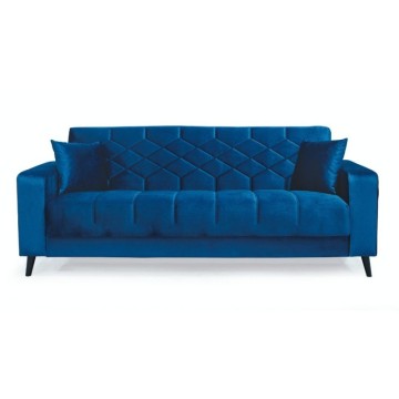 Divano 3 posti braccioli trapuntati con funzione letto e contenitore Columbia vellutino blu 225x84x85h