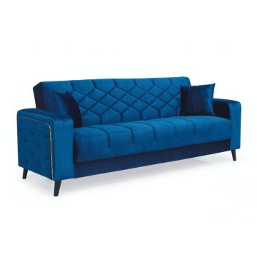 Divano 3 posti braccioli trapuntati con funzione letto e contenitore Columbia vellutino blu 225x84x85h