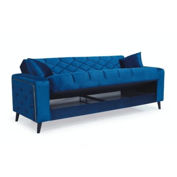 Divano 3 posti braccioli trapuntati con funzione letto e contenitore Columbia vellutino blu 225x84x85h