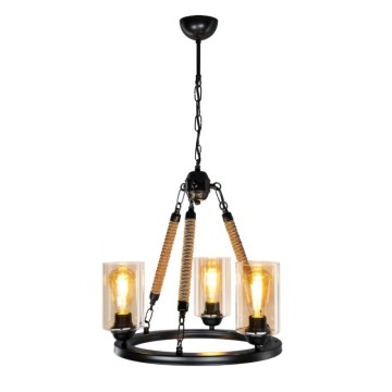 Lampada da soffitto stile retrò nera con dettagli in corda 3 punti luce Lotus ASZ0954