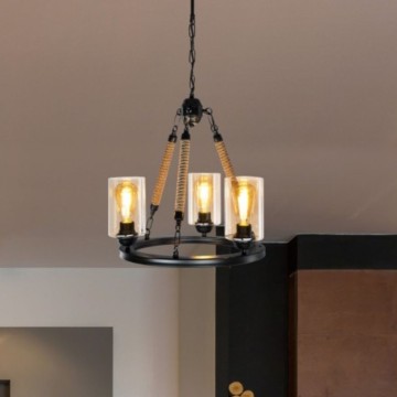 Lampada da soffitto stile retrò nera con dettagli in corda 3 punti luce Lotus ASZ0954