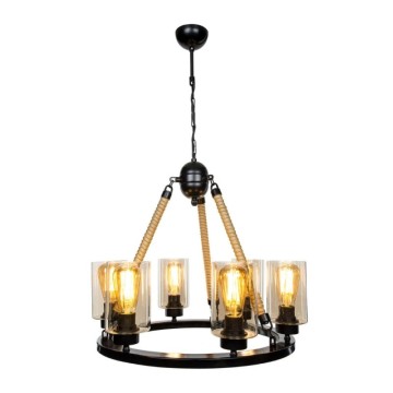 Lampada da soffitto stile retrò nera con dettagli in corda 6 punti luce Lotus ASZ0686