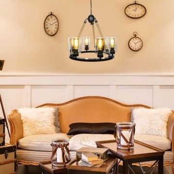 Lampada da soffitto stile retrò nera con dettagli in corda 6 punti luce Lotus ASZ0686