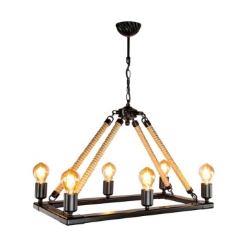Lampada da soffitto stile retrò nera con dettagli in corda 6 punti luce Bohem ASZ0866