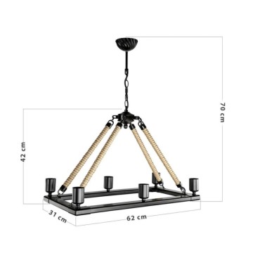 Lampada da soffitto stile retrò nera con dettagli in corda 6 punti luce Bohem ASZ0866